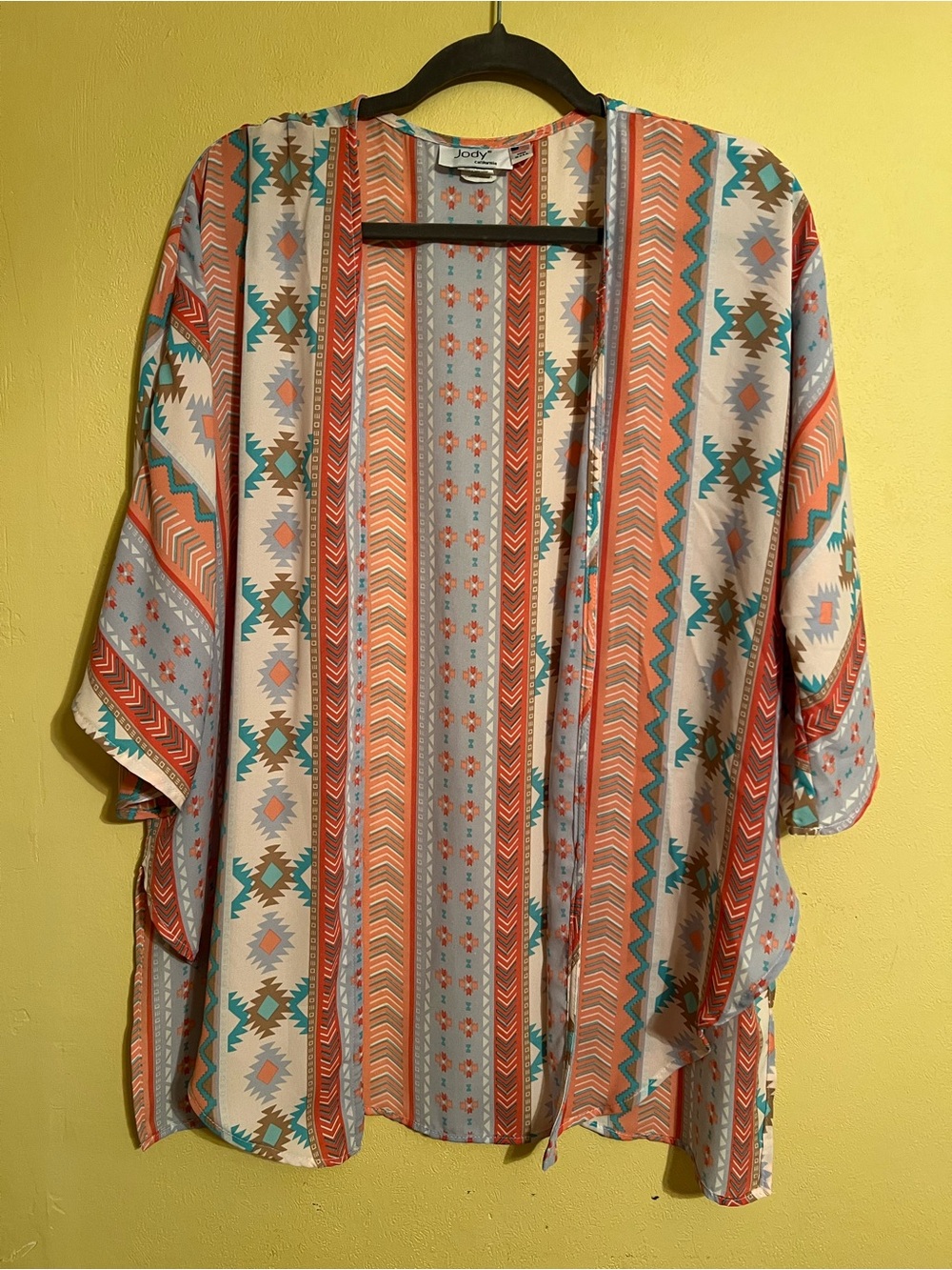 Jody Aztec Print Lightweight Kimono Wrap in Coral & Teal